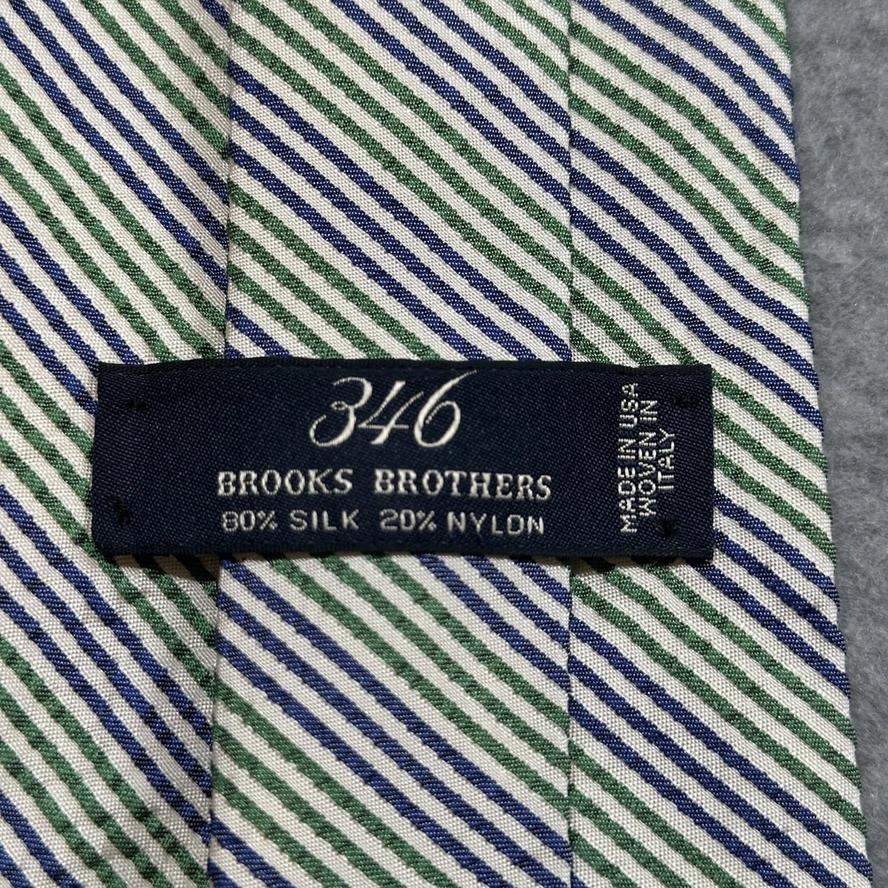 Brooks Brothers 346 Seersucker Silk Blend Tie Green Blue Stripe USA Mens 57x3.75 - Picture 3 of 6